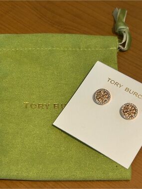 Tory Burch Rose Gold Pave Logo Stud Earrings
